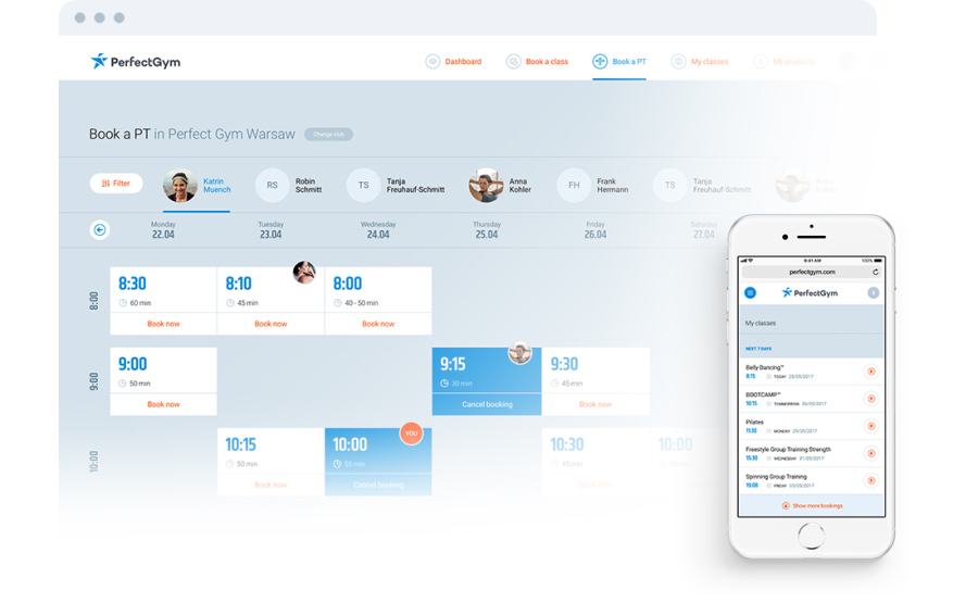 a website with class schedule and mobile mockup