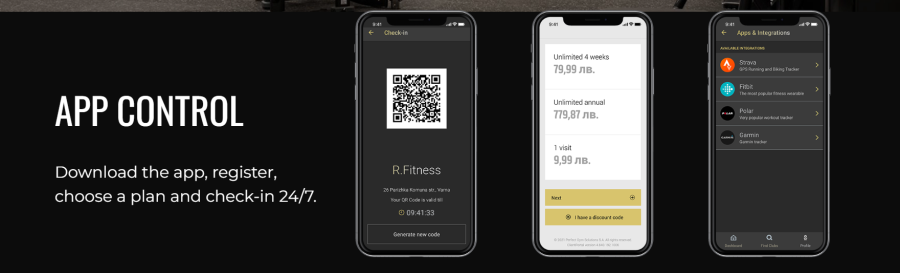 three mobile screens on a black background